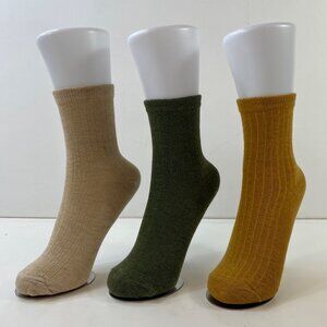 Womens Crew Socks Set 3 Solid Textured Ribbed Beige Green Mustard Yellow